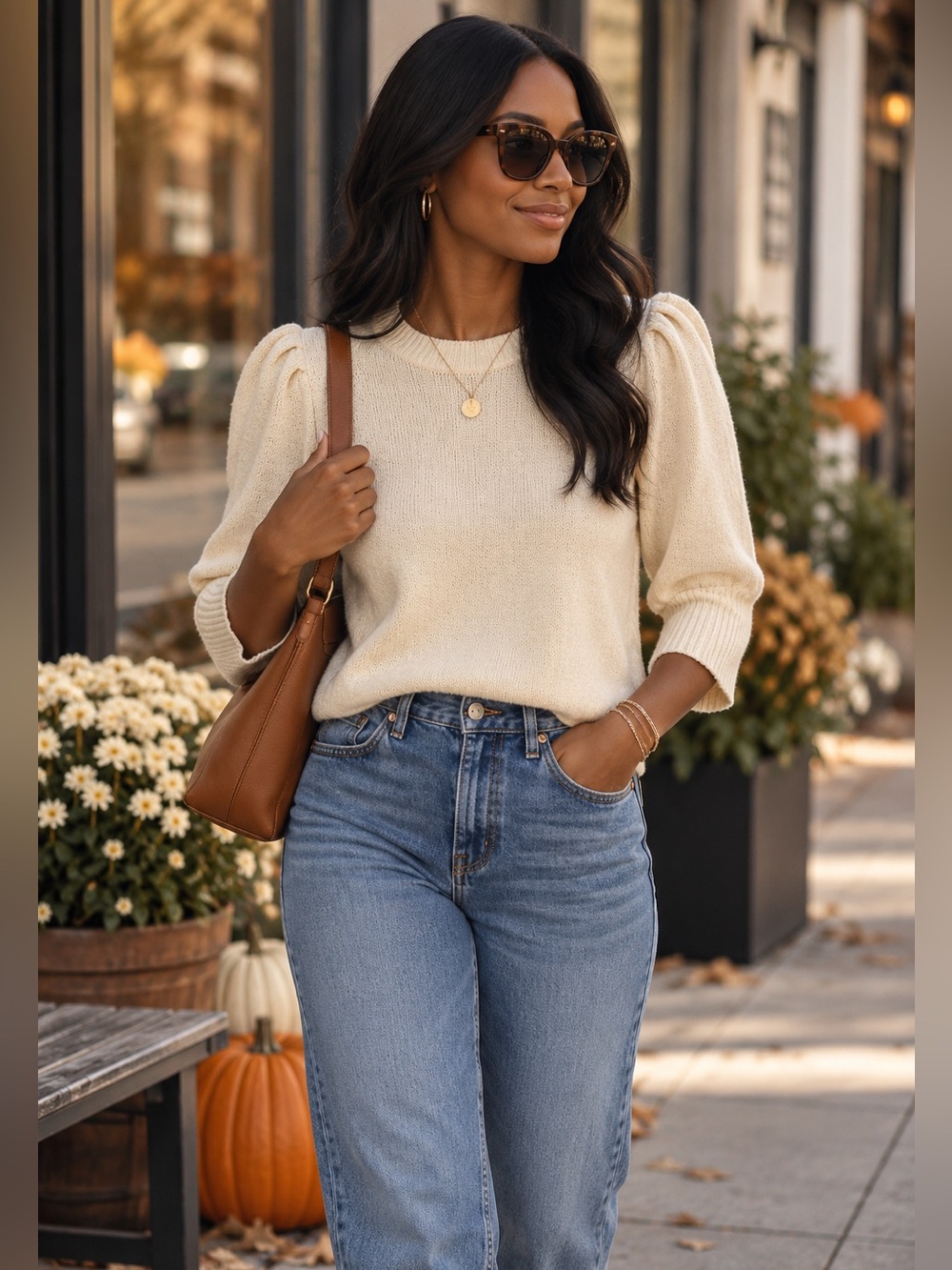 Davi & Dani Cream Puff Sleeve Knit Sweater Bell Cuff Pullover Size M